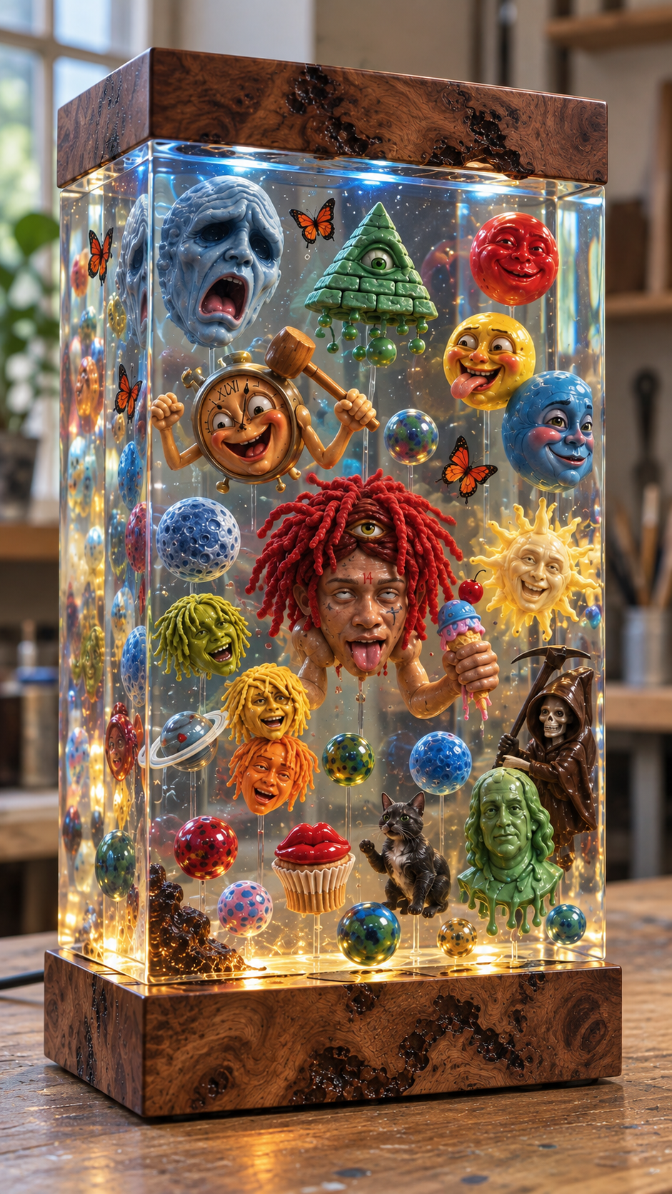 The Gallery Lamp: clear resin block with hand-sculpted melting faces, characters and glowing spheres on a burl wood base